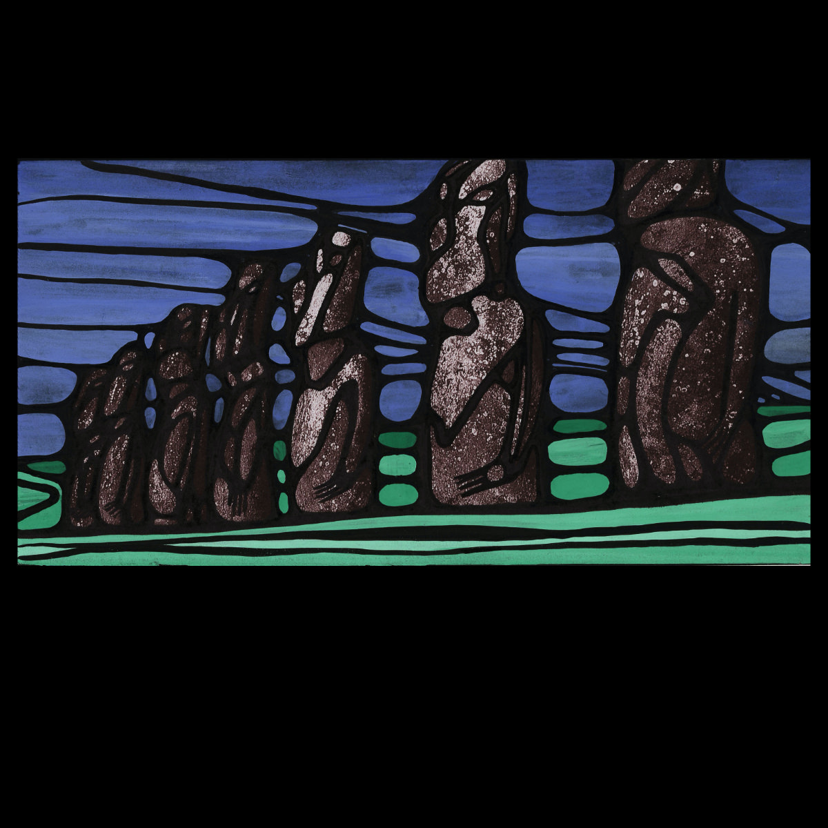 Moaï. Encre de chine et peinture acrylique sur papier journal. . 
2000 – Dominique Vial