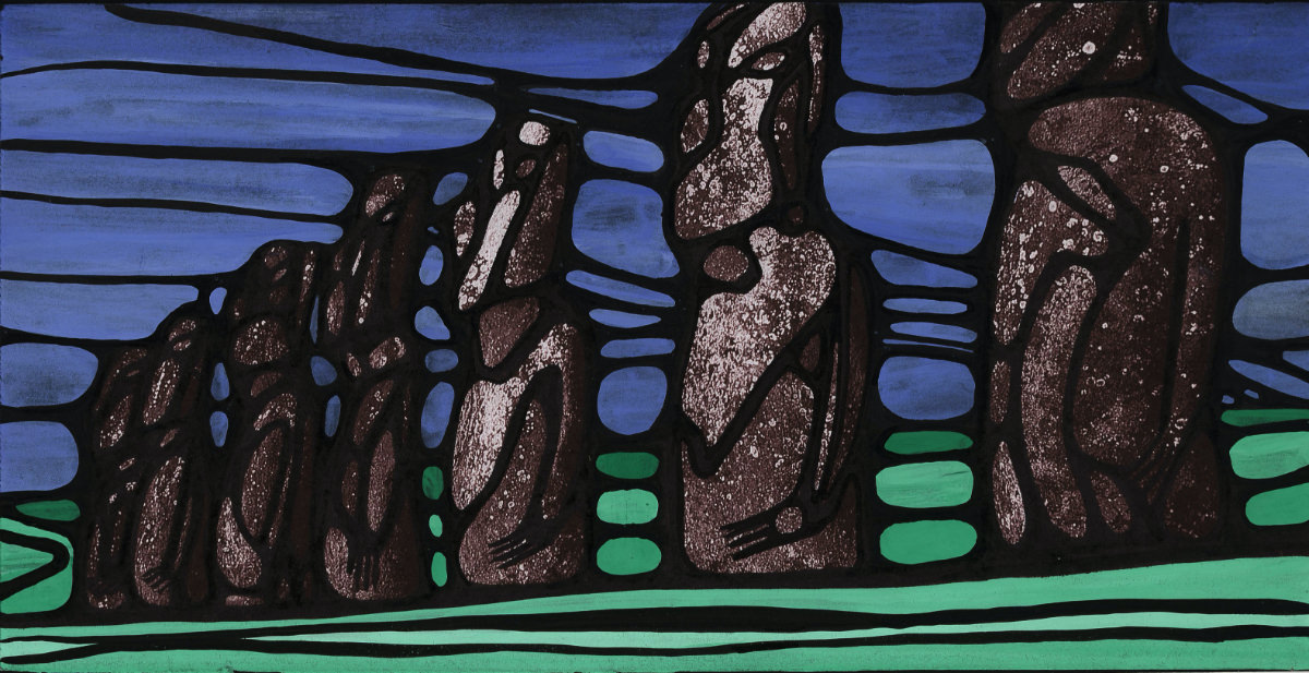 Moaï. Encre de chine et peinture acrylique sur papier journal. . 
2000 – Dominique Vial