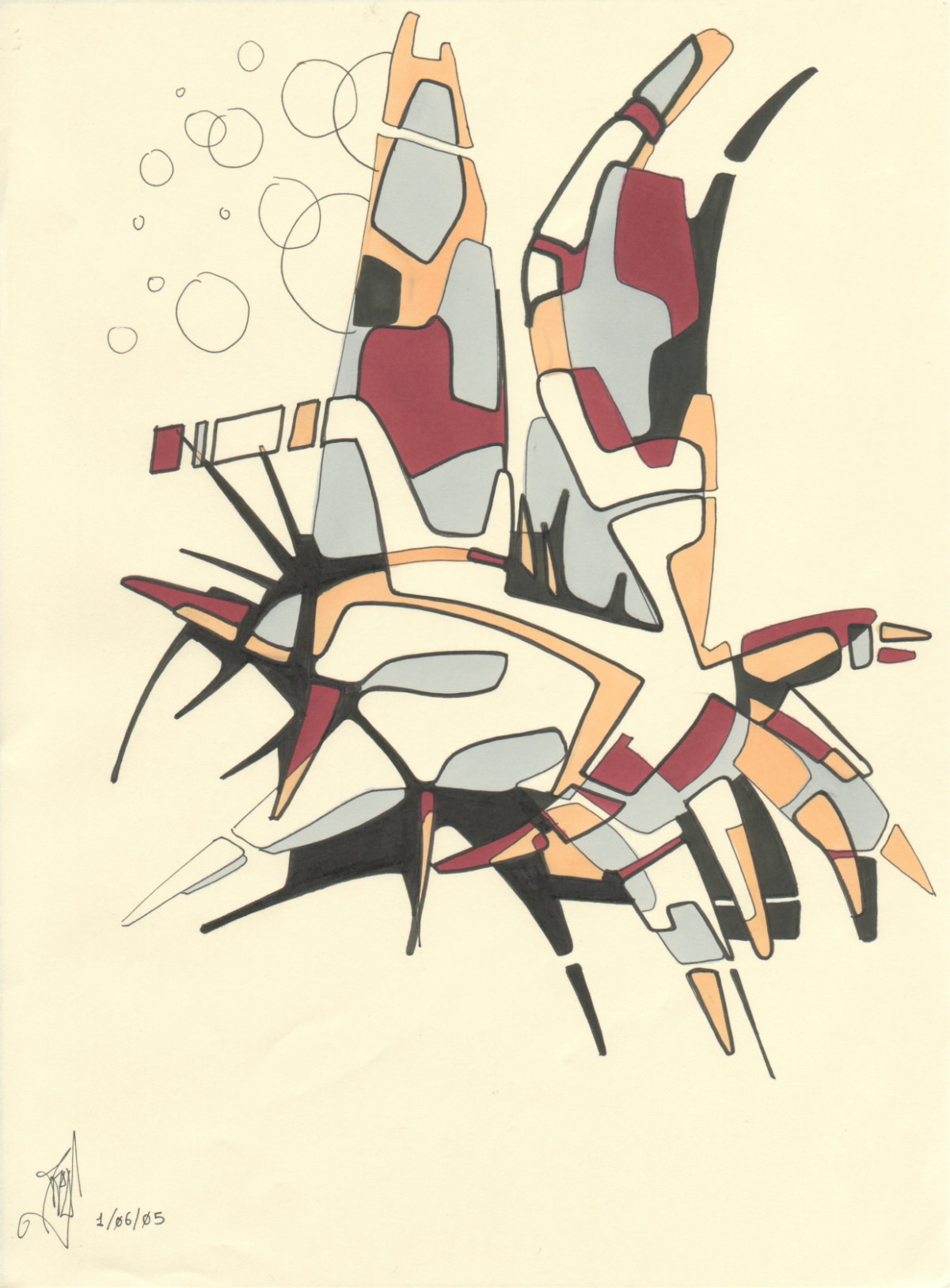 sans titre 
 2005-50. Encre pigmentée et encres à alcool sur papier. 21 x 29.7 cm. 
2005 – Dominique Vial