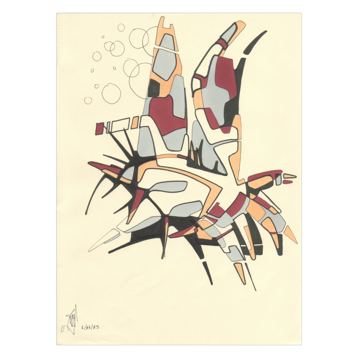 sans titre 
 2005-50. Encre pigmentée et encres à alcool sur papier. 21 x 29.7 cm. 
2005 – Dominique Vial