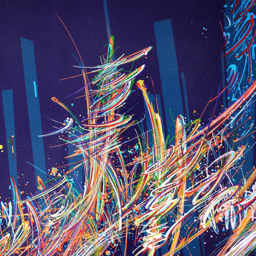 sans titre 
 2020-012. Acrylique et encre à alcool sur bois – fond violet. 100 x 62 cm. 
2020 – Dominique Vial