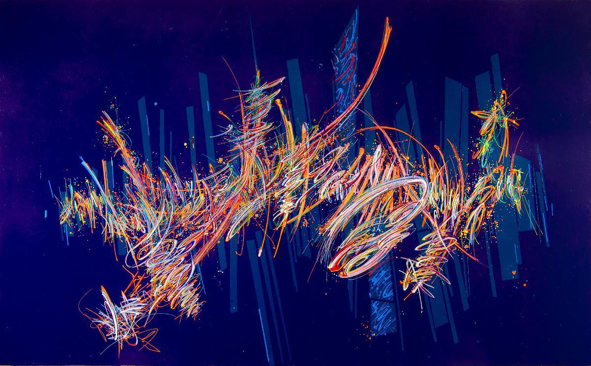 sans titre 
 2020-012. Acrylique et encre à alcool sur bois – fond violet. 100 x 62 cm. 
2020 – Dominique Vial