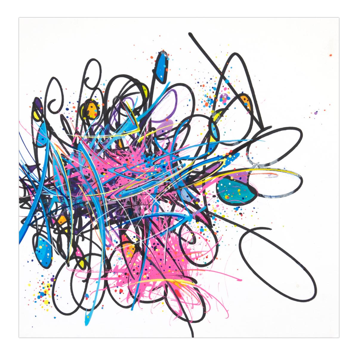 sans titre 
 2024-07. Acrylique, Bic, encre pigmentée, encre solidifiée, encres à alcool sur papier Fabriano. 20 x 20 cm. 
2024 – Dominique Vial