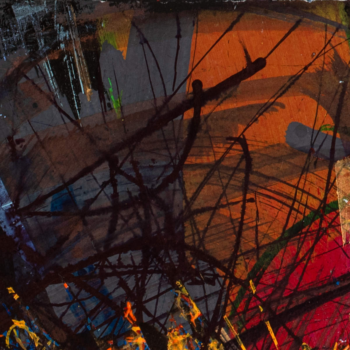 sans titre 
 2024-13. Acrylique, encres à alcool, peinture solidifiée, peinture vinylique, aquarelle sur bois. 20 x 20 cm. 
2024 – Dominique Vial