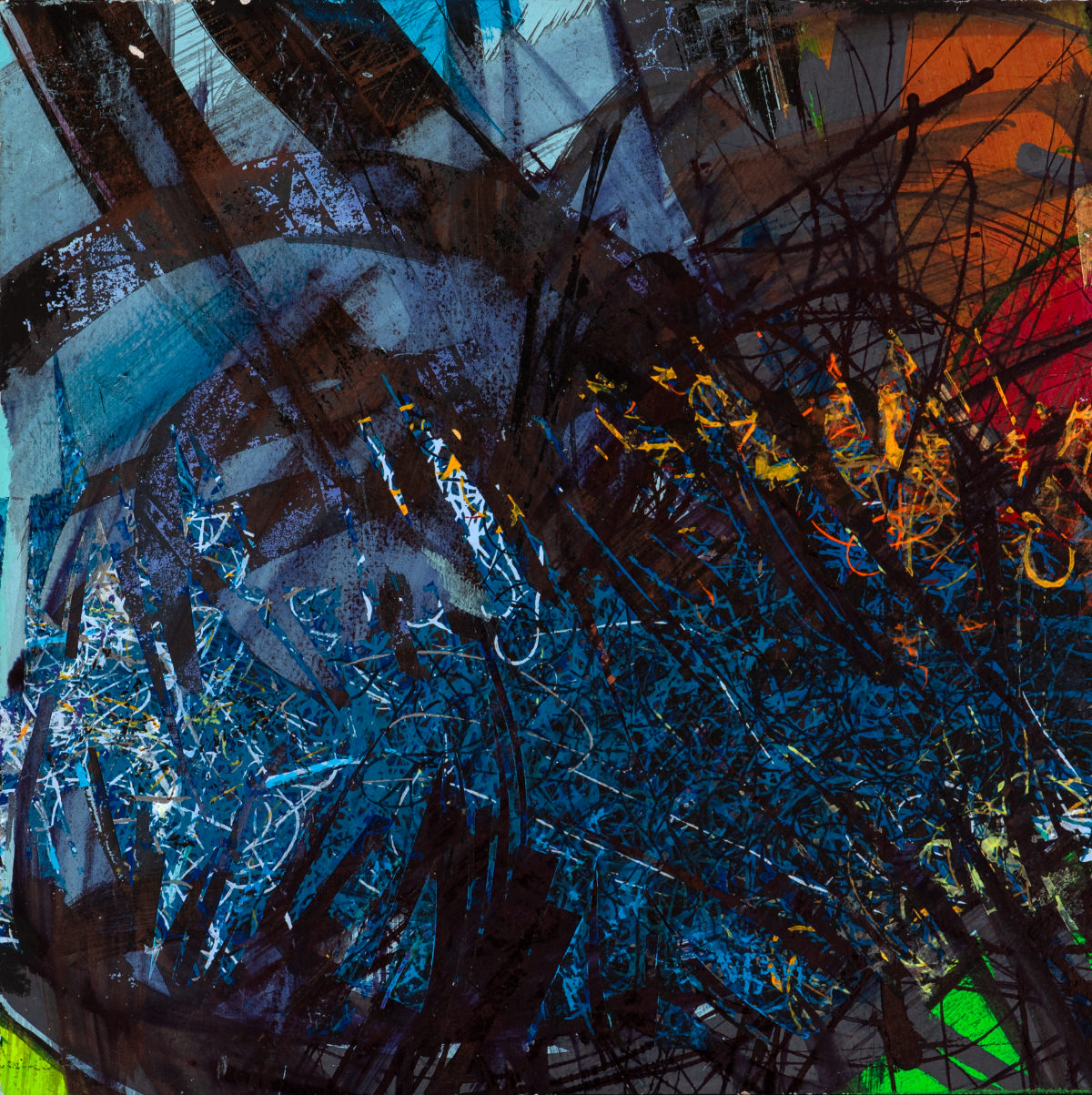 sans titre 
 2024-13. Acrylique, encres à alcool, peinture solidifiée, peinture vinylique, aquarelle sur bois. 20 x 20 cm. 
2024 – Dominique Vial