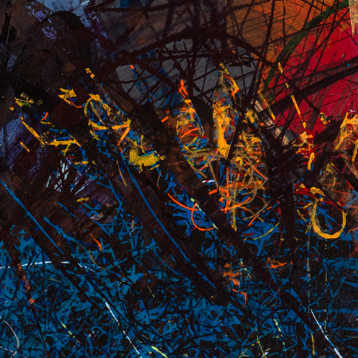 sans titre 
 2024-13. Acrylique, encres à alcool, peinture solidifiée, peinture vinylique, aquarelle sur bois. 20 x 20 cm. 
2024 – Dominique Vial