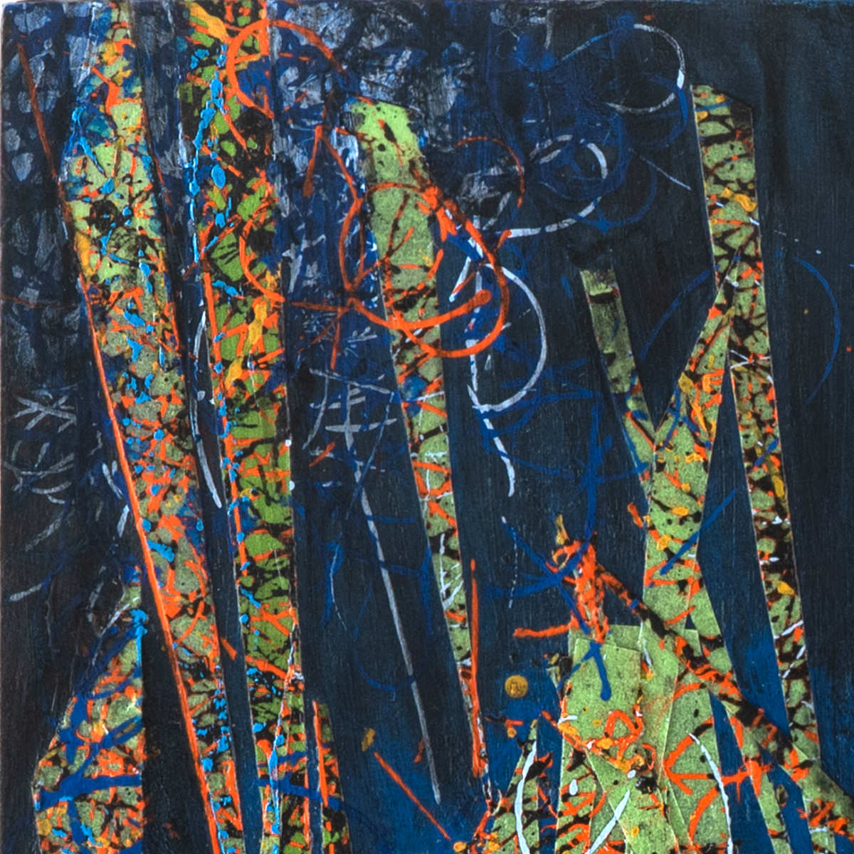 sans titre 
 2025-03. Acrylique, encres à alcool, ruban adhésif sur bois. 20 x 20 cm. 
2025 – Dominique Vial