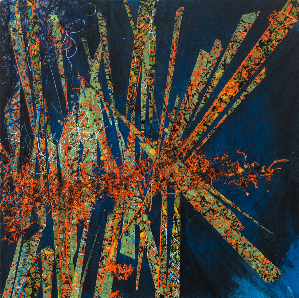 sans titre 
 2025-03. Acrylique, encres à alcool, ruban adhésif sur bois. 20 x 20 cm. 
2025 – Dominique Vial