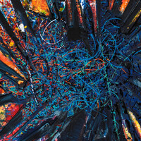 sans titre 
 2025-08. Acrylique, peinture solide et encre à alcool sur bois. 20 x 20 cm. 
2025 – Dominique Vial